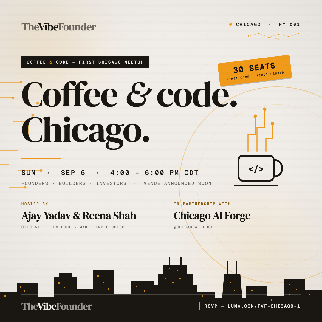 Coffee & Code Chicago event poster with a coffee cup and Chicago skyline, hosted by Ajay Yadav and Reena Shah with Chicago AI Forge, September 6, 4–6 PM CDT.