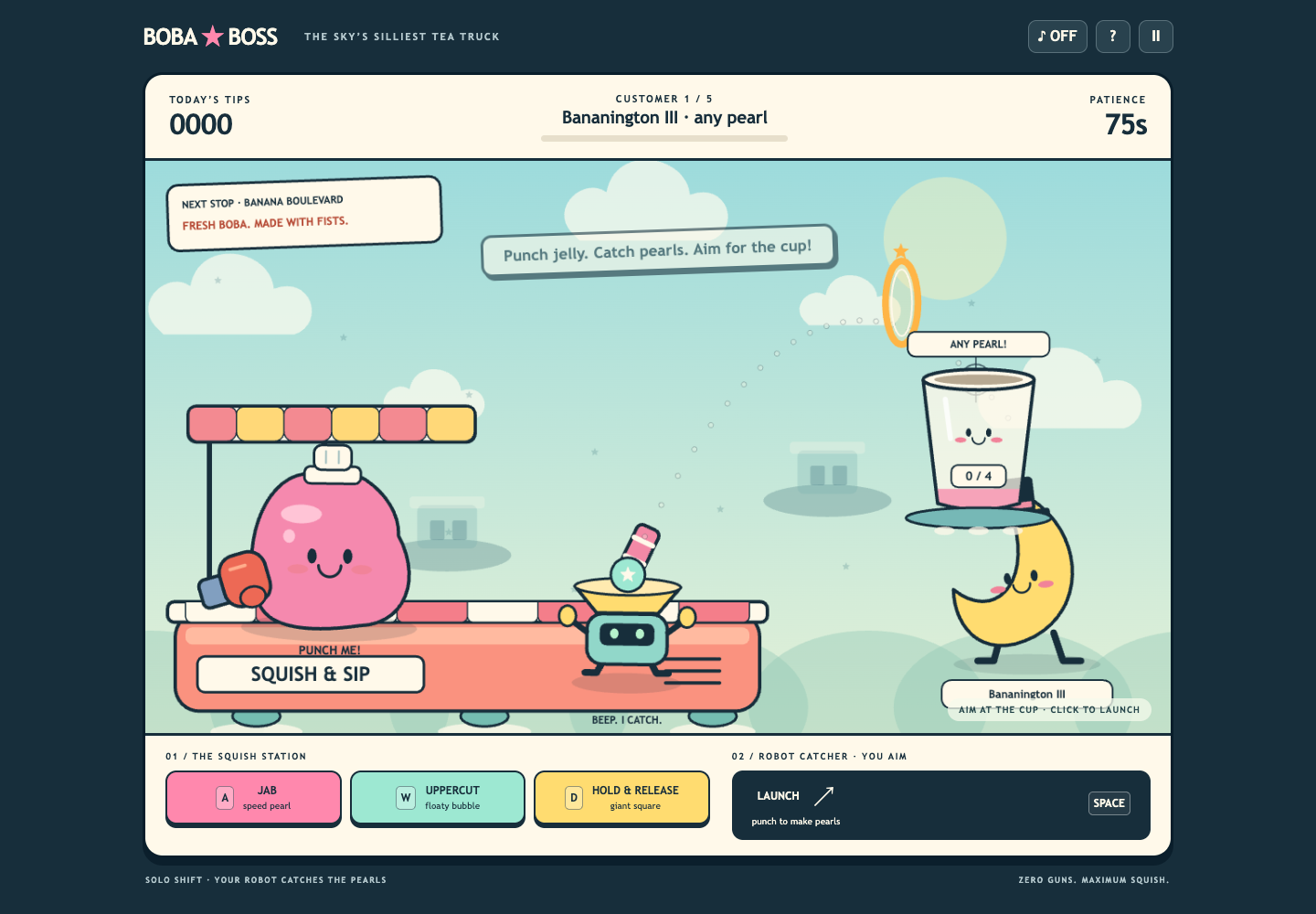 Boba Boss gameplay: a pink jelly chef, robot pearl catcher, floating drink cup, and banana customer aboard a flying tea truck.