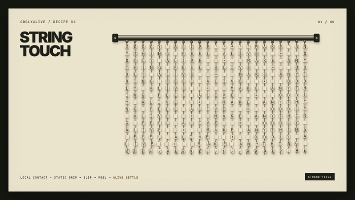 OddlyAlive string-touch simulation moving brass letter charms through a strand field
